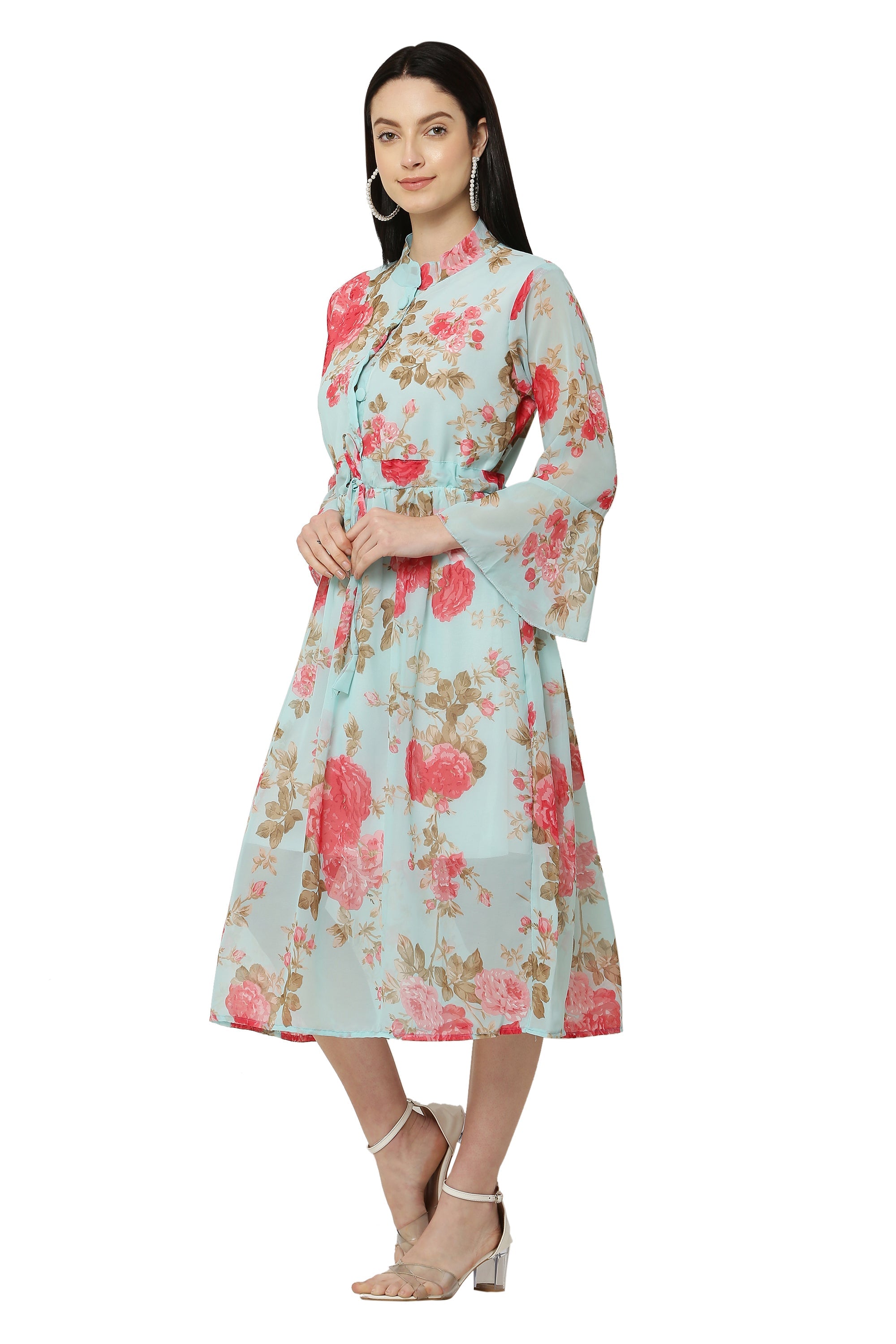 PAVONINE Rama Green Color Flower Printed Straight Dress For Women