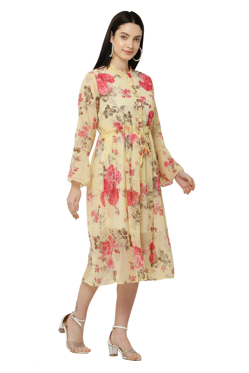PAVONINE Yellow Color Flower Printed Straight Dress For Women