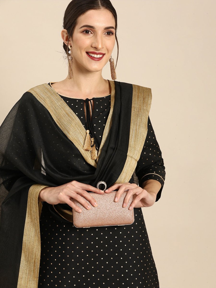 All About You Women Black & Gold Printed Regular Kurta with Trousers & Dupatta