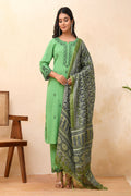 Vaasva Women Pista Embroidered Kurta Set With Solid Pants & Printed Dupatta