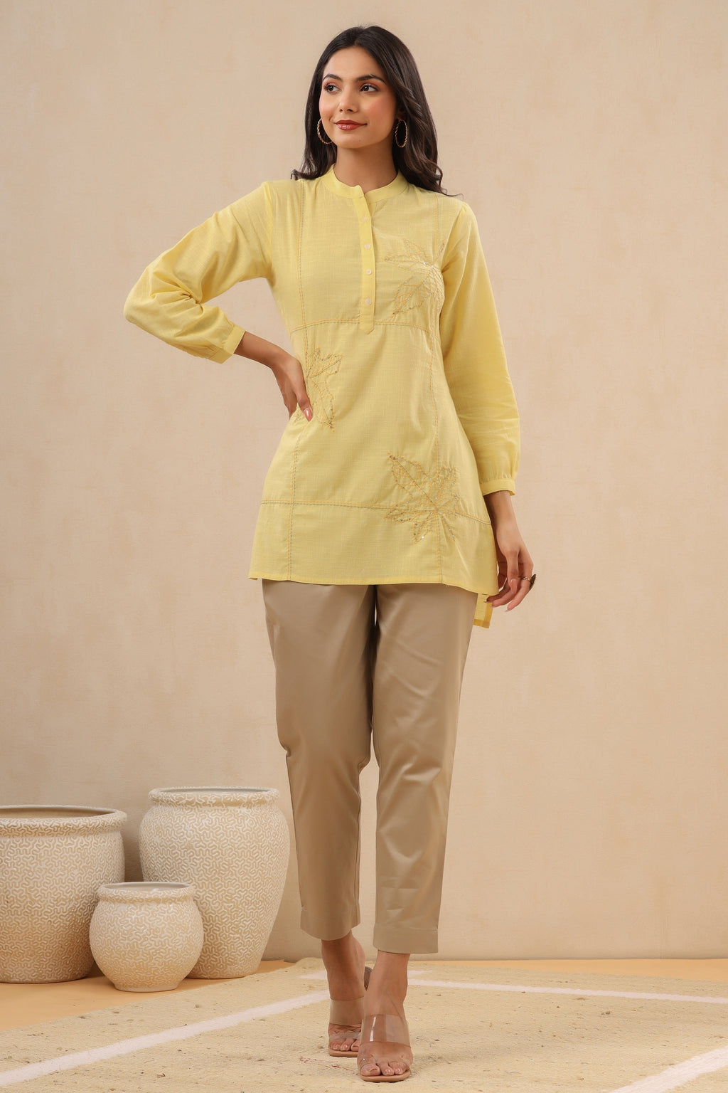 Juniper Womens Yellow Cotton Slub Embroidered High Low Tunic