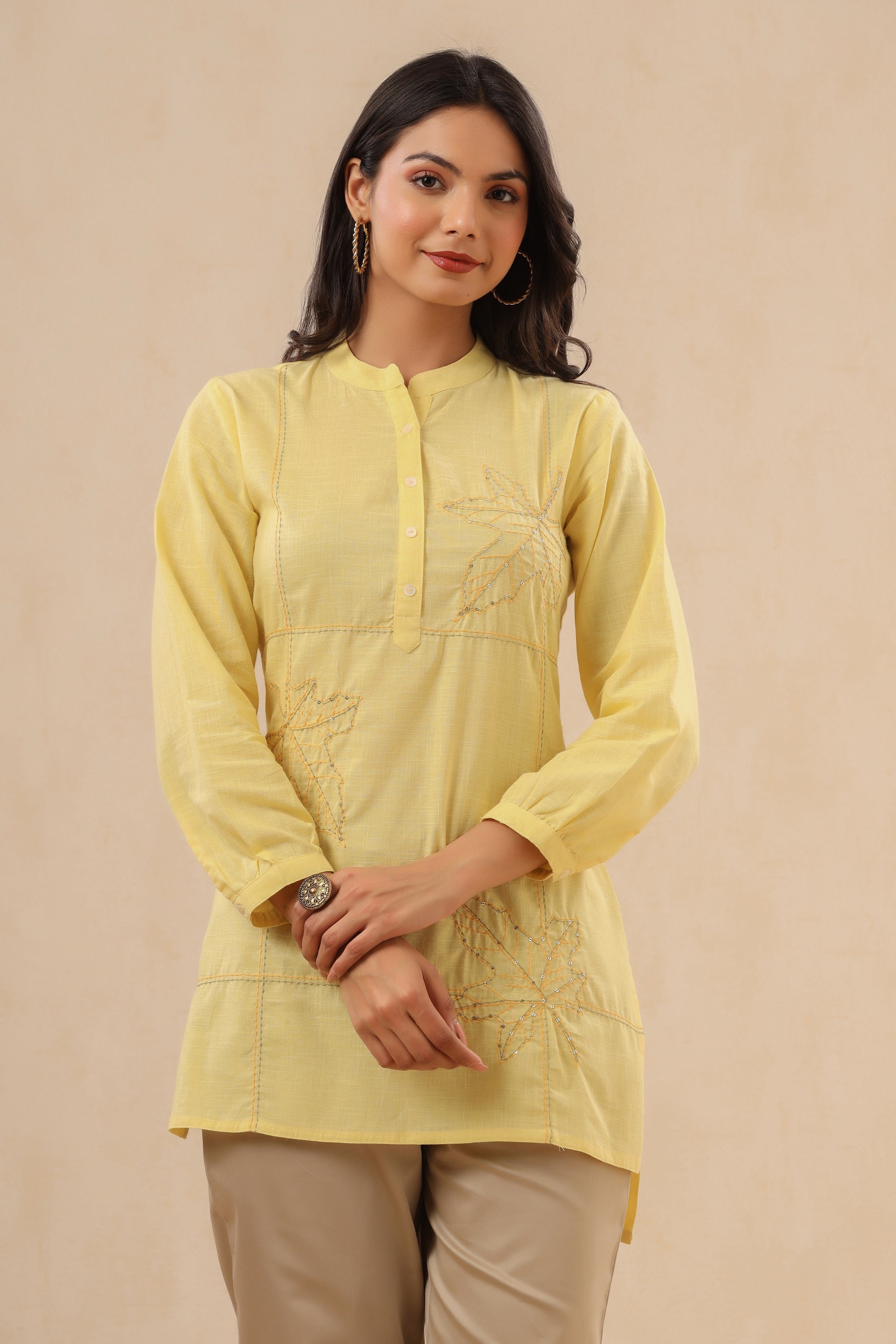 Juniper Womens Yellow Cotton Slub Embroidered High Low Tunic