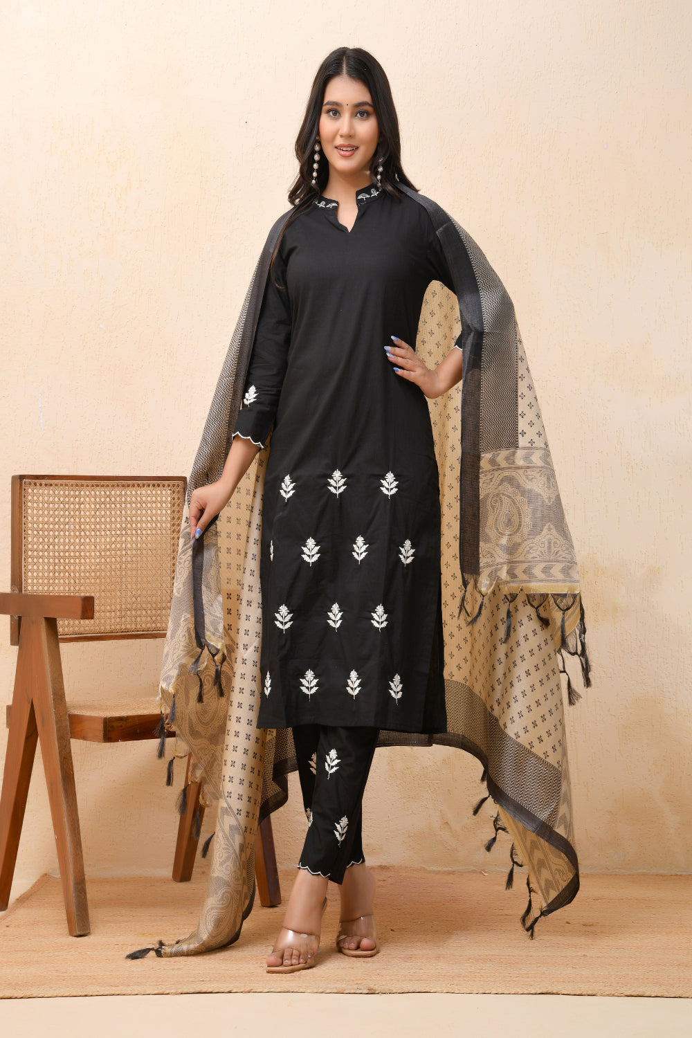 Vaasva Women Black Embroidered Suit Set