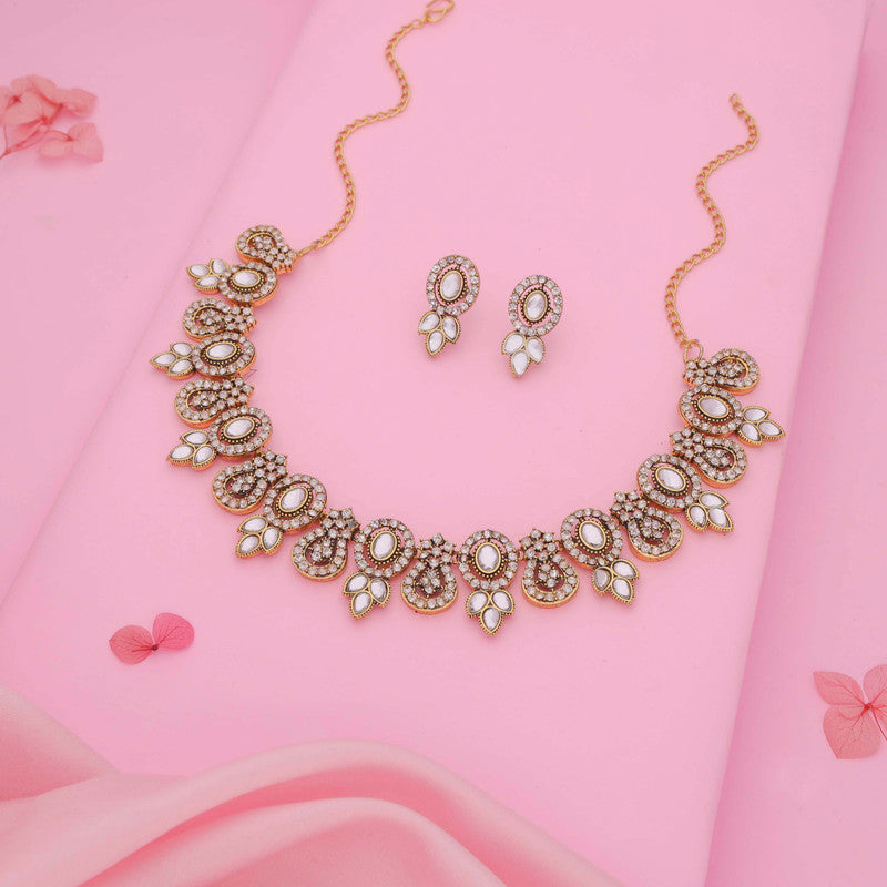 Tehzeeb Creations Gold-Polished White Colour Choker With Dangle Earrings