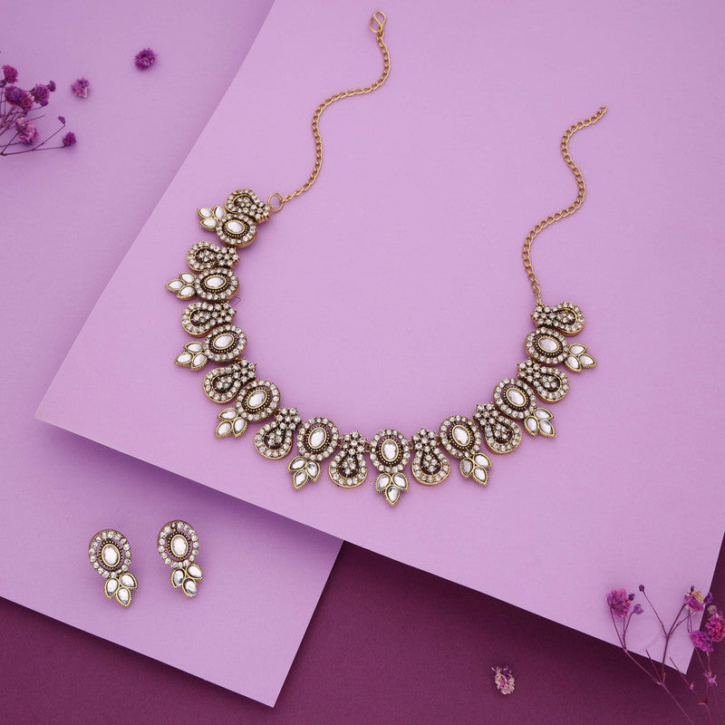 Tehzeeb Creations Gold-Polished White Colour Choker With Dangle Earrings
