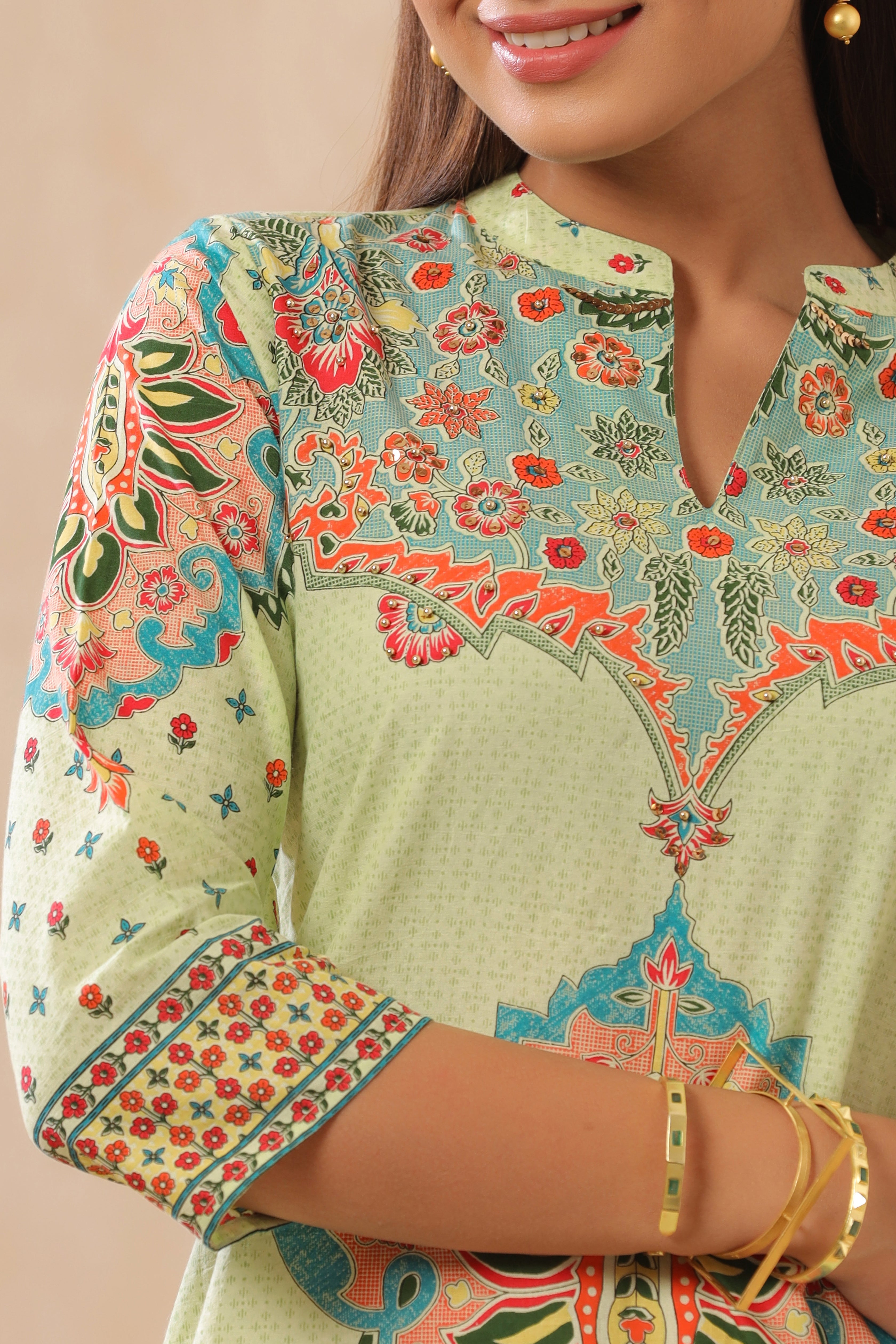 Juniper Pista Green Ethnic Motif Printed Pure Cotton Straight Kurta