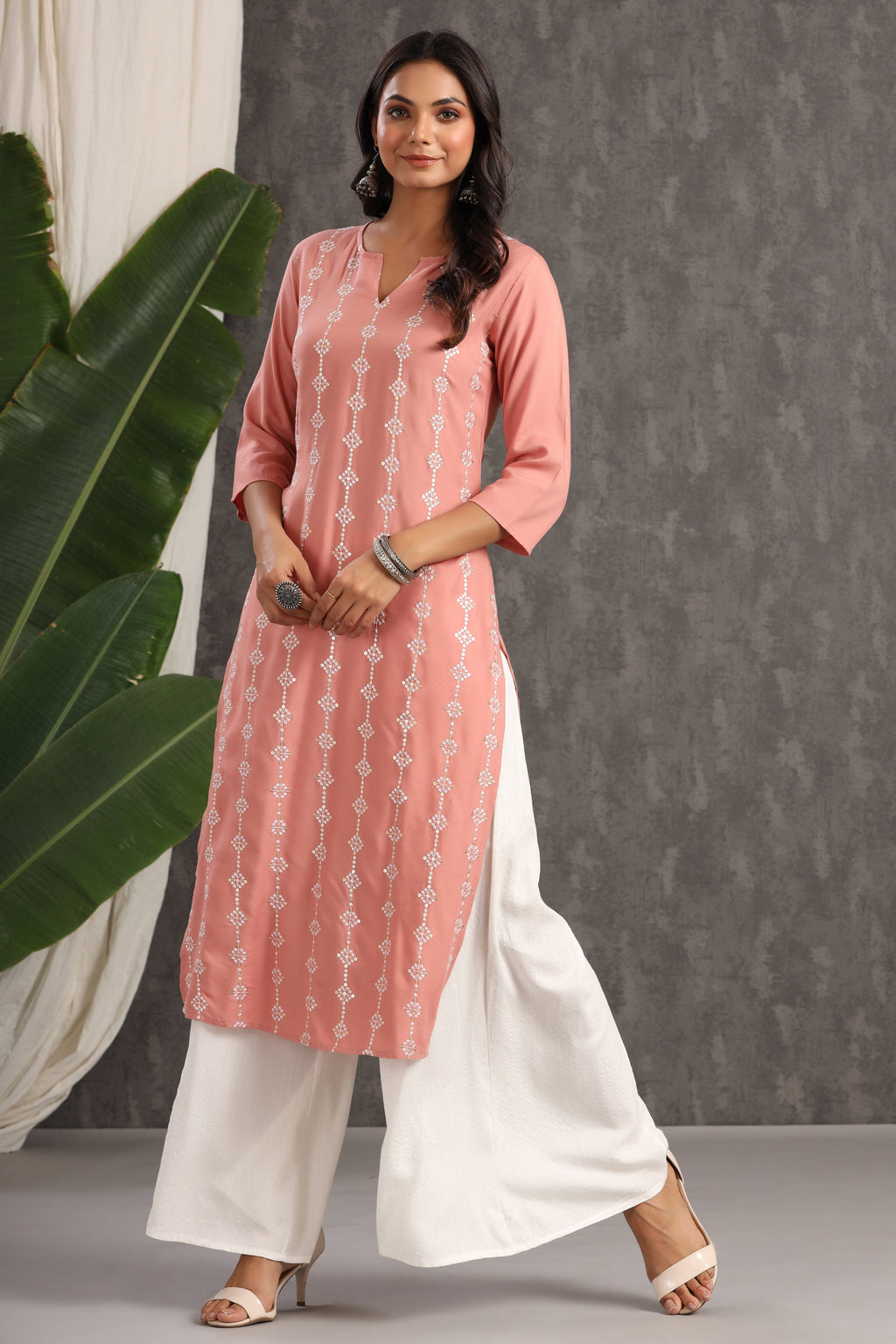 Juniper Women's Onion Pink Thread Embroidered Rayon Straight Kurta