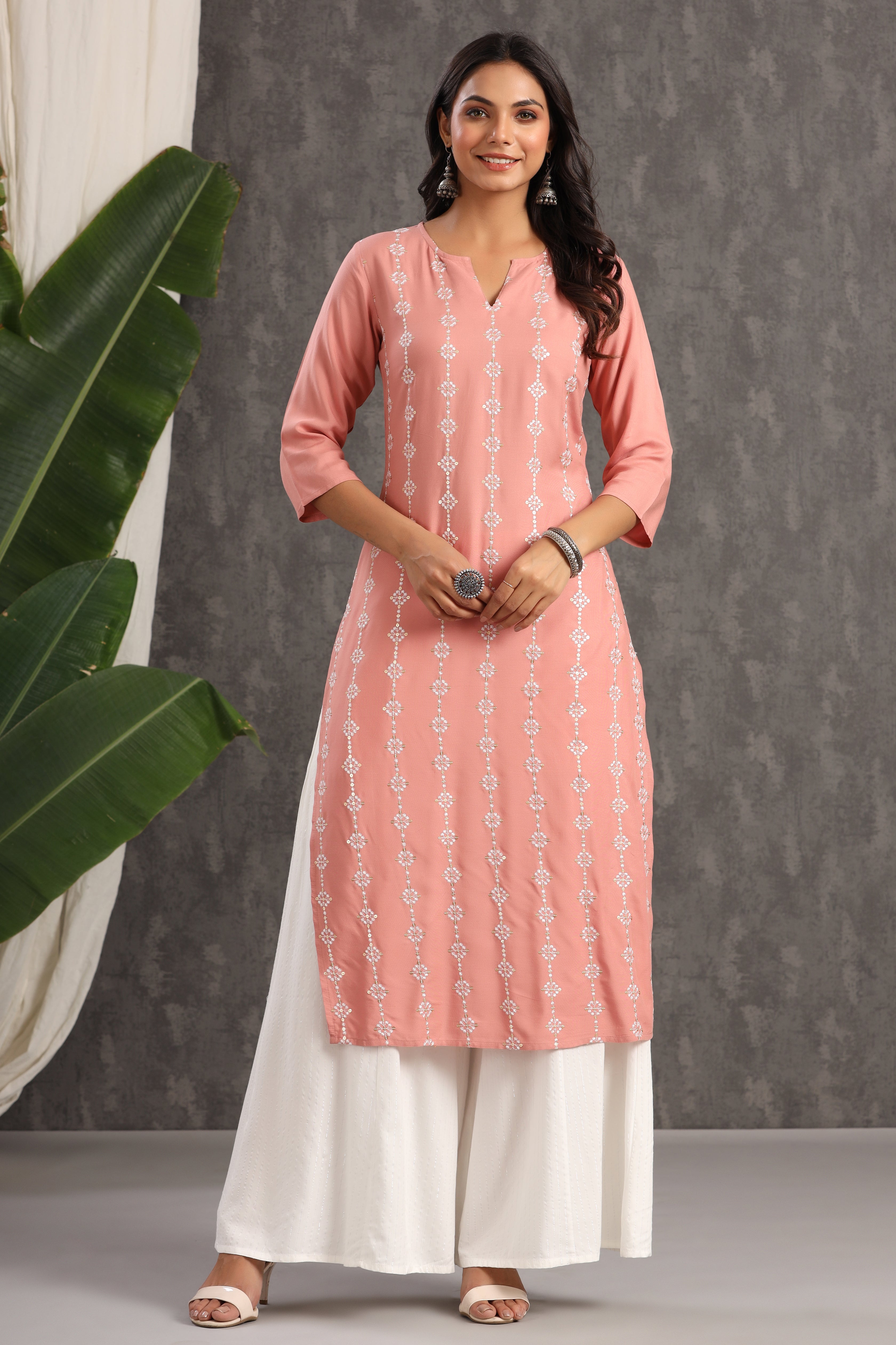 Juniper Women's Onion Pink Thread Embroidered Rayon Straight Kurta