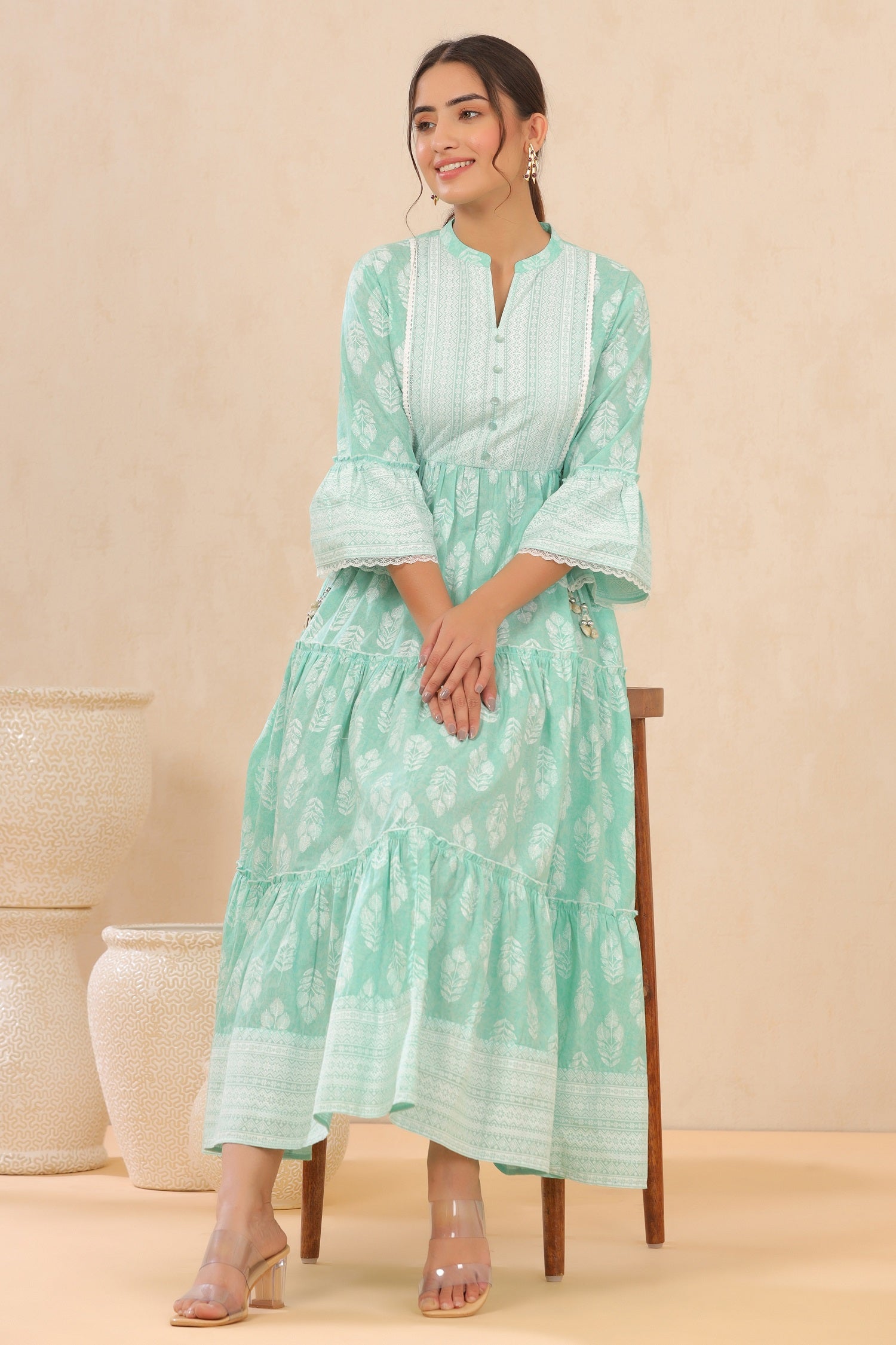 Juniper Womens Mint Cambric Printed Tiered Dress With Flared Sleeve