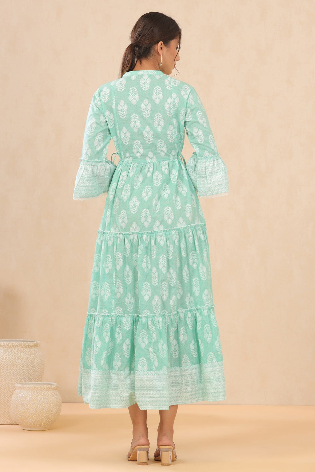 Juniper Womens Mint Cambric Printed Tiered Dress With Flared Sleeve