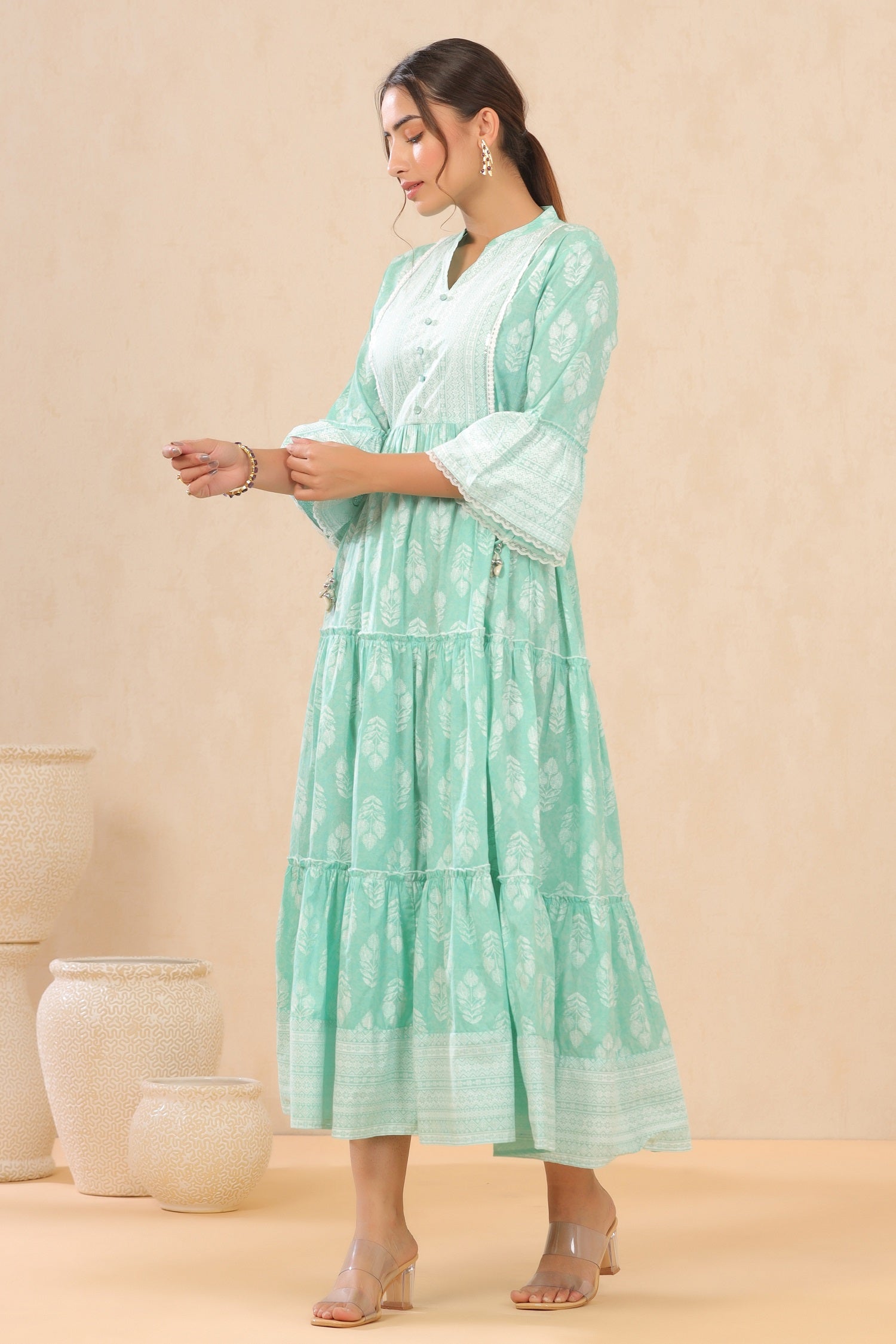 Juniper Womens Mint Cambric Printed Tiered Dress With Flared Sleeve