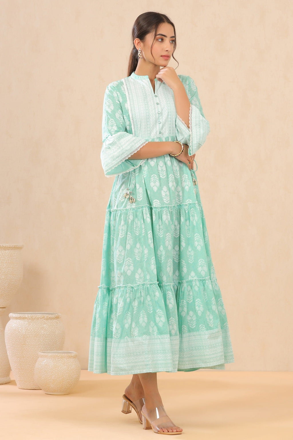 Juniper Womens Mint Cambric Printed Tiered Dress With Flared Sleeve