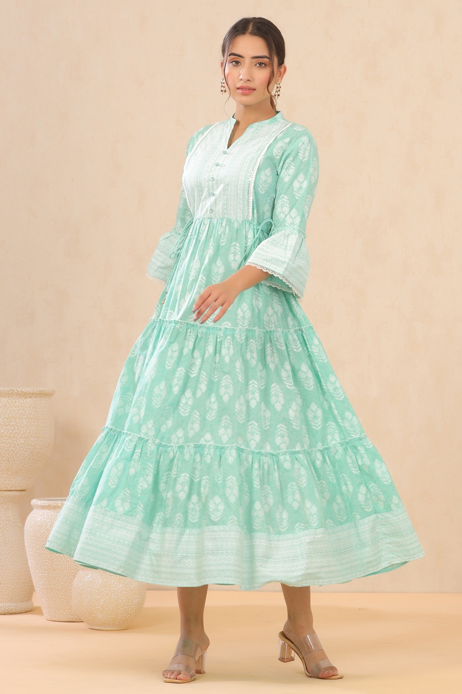 Juniper Womens Mint Cambric Printed Tiered Dress With Flared Sleeve