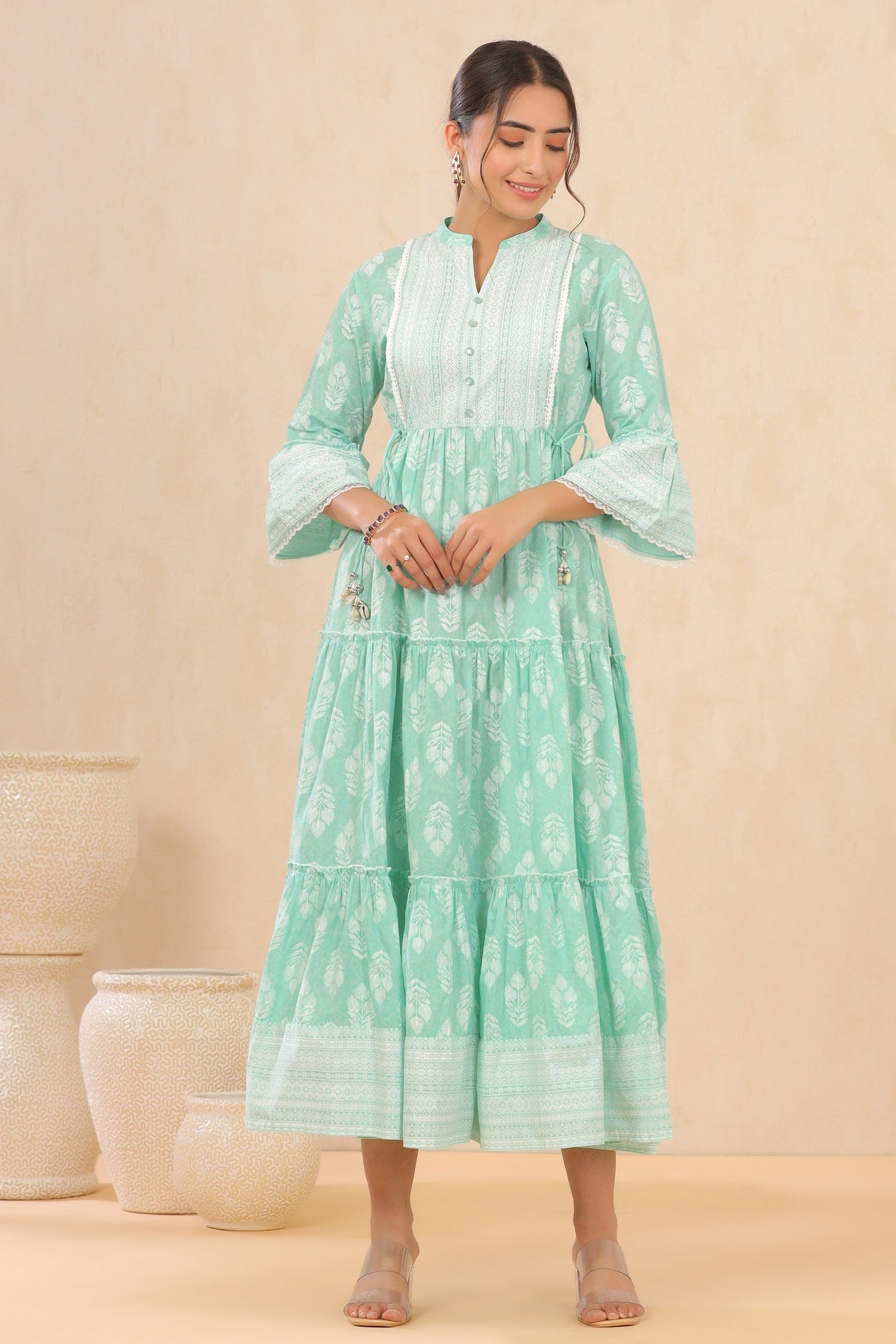 Juniper Womens Mint Cambric Printed Tiered Dress With Flared Sleeve