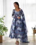 Lorenvalley Navyblue Soft Organza Silk With Marble Print Anarkali Pant With Dupatta Set