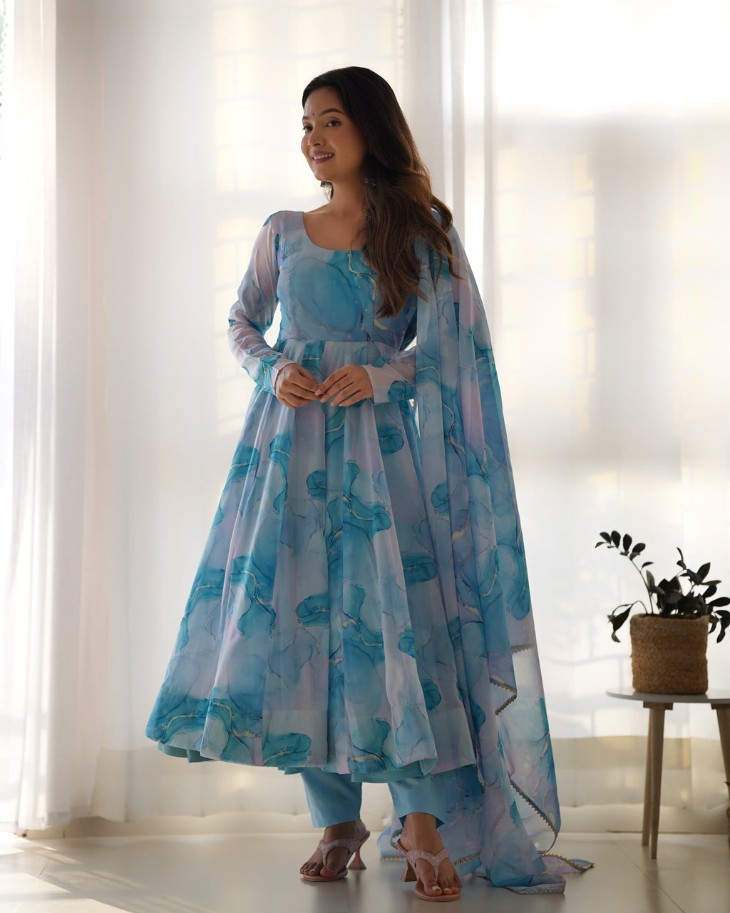 Lorenvalley Navyblue Soft Organza Silk With Marble Print Anarkali Pant With Dupatta Set