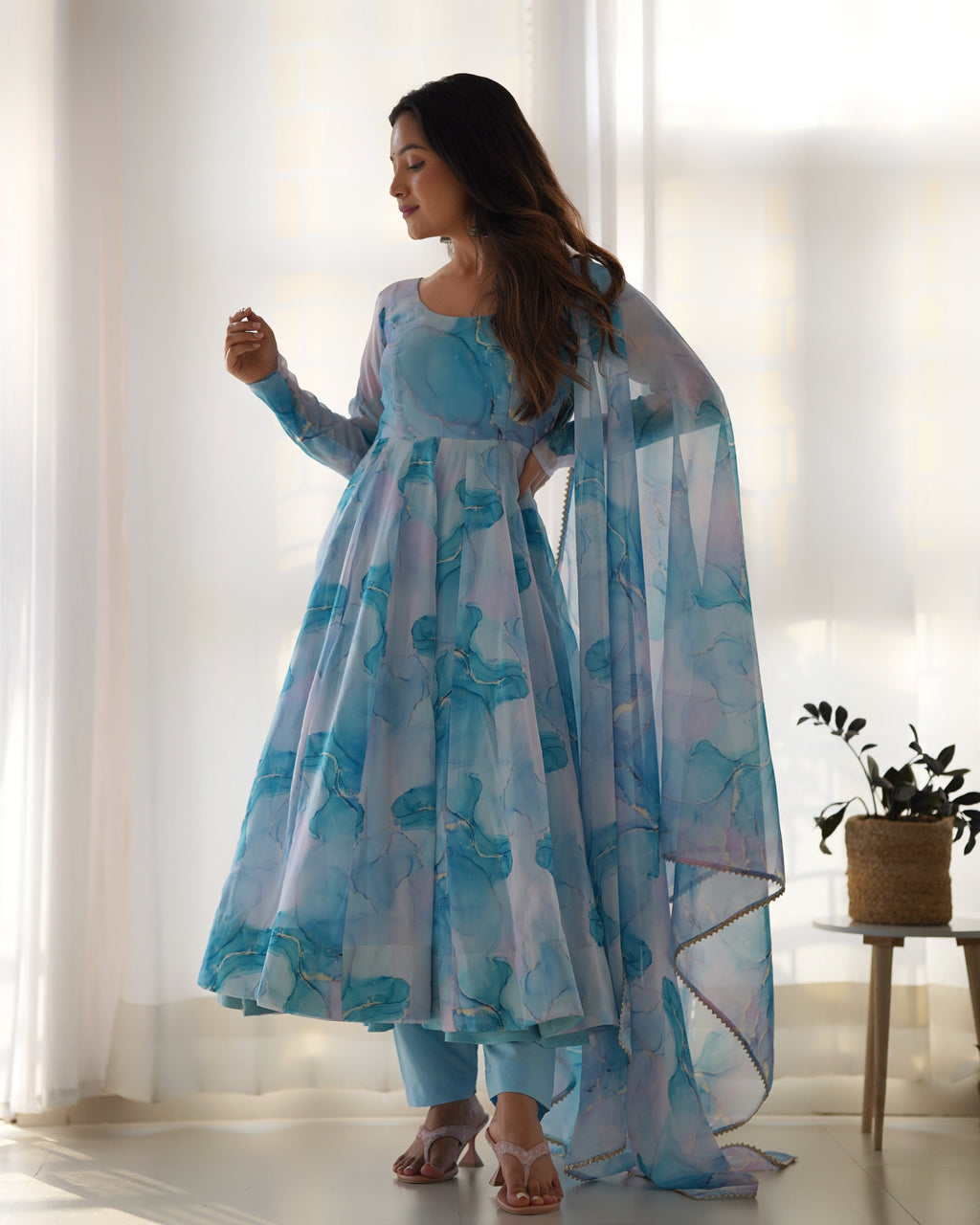 Lorenvalley Navyblue Soft Organza Silk With Marble Print Anarkali Pant With Dupatta Set