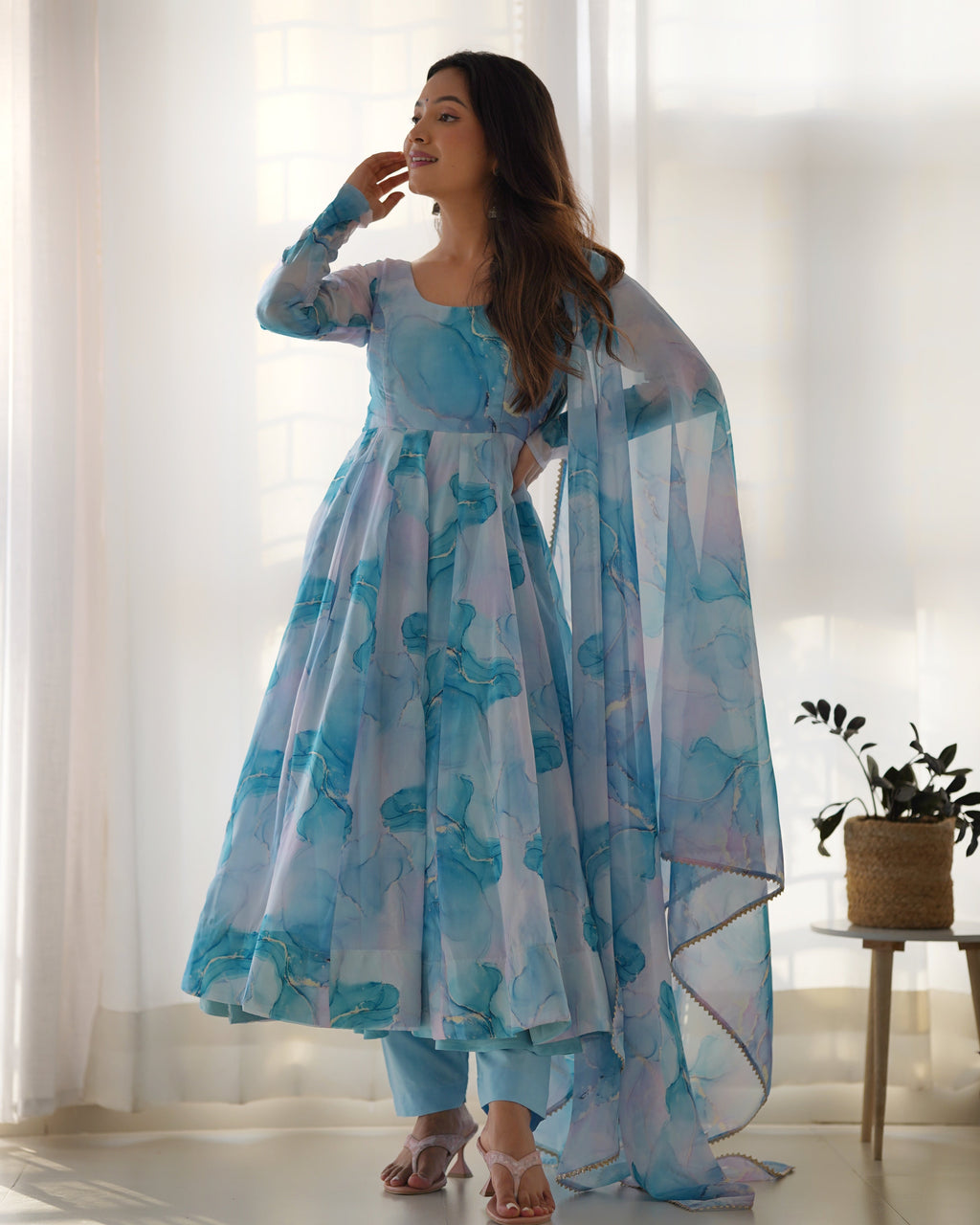 Lorenvalley Navyblue Soft Organza Silk With Marble Print Anarkali Pant With Dupatta Set