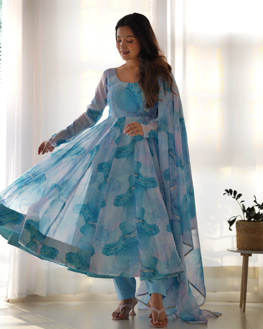 Lorenvalley Navyblue Soft Organza Silk With Marble Print Anarkali Pant With Dupatta Set