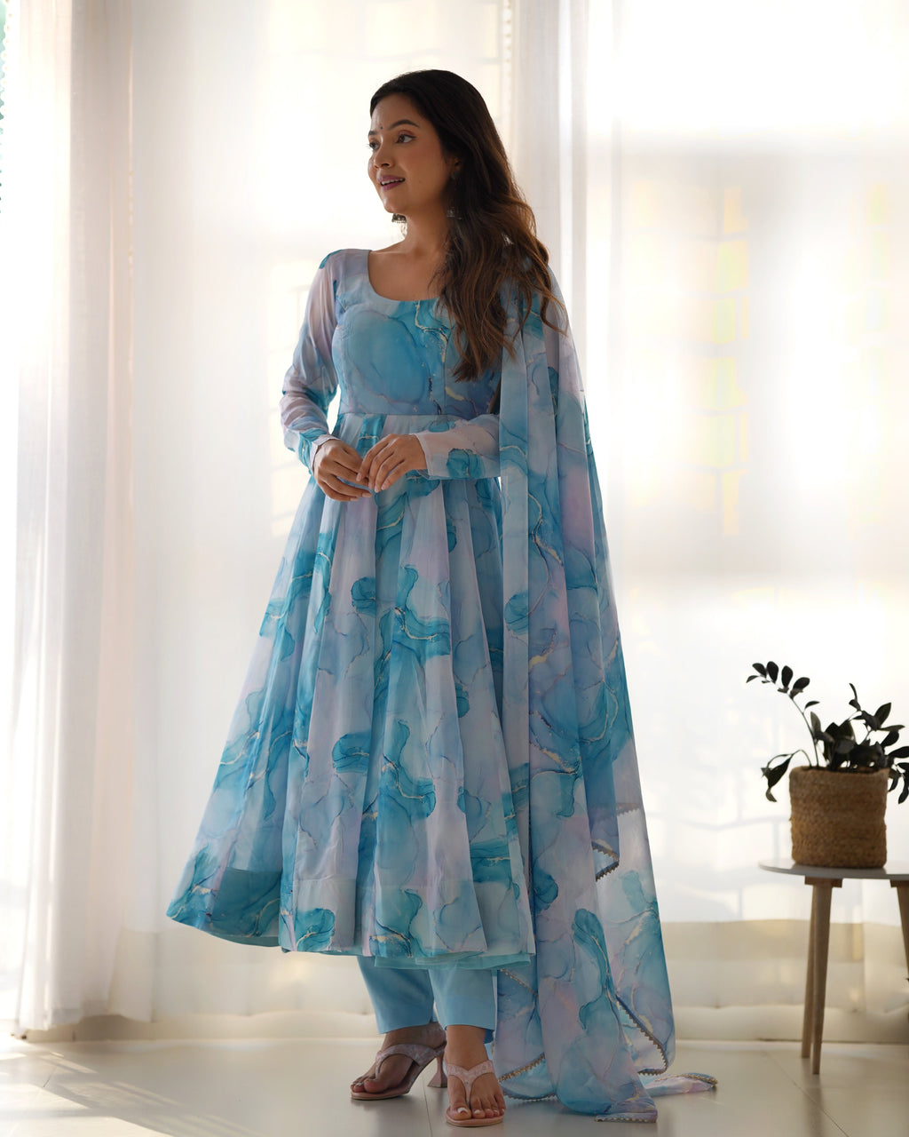 Lorenvalley Navyblue Soft Organza Silk With Marble Print Anarkali Pant With Dupatta Set