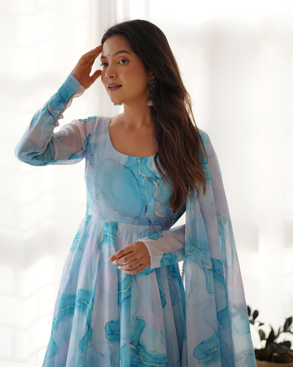 Lorenvalley Navyblue Soft Organza Silk With Marble Print Anarkali Pant With Dupatta Set