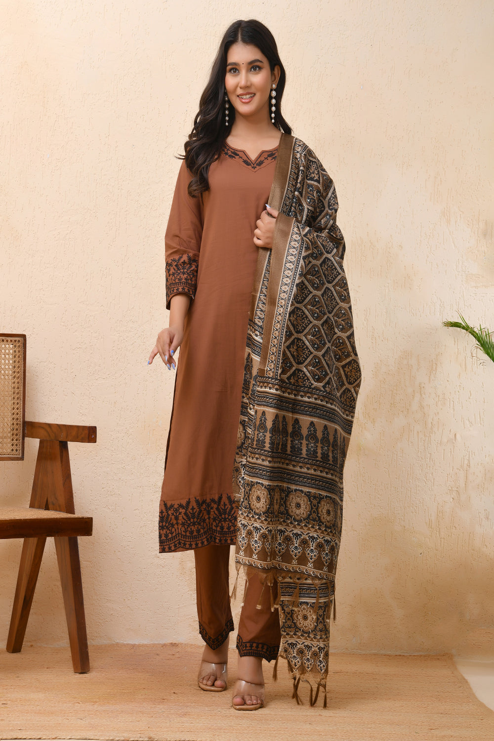 Vaasva Women Brown Embroidered Suit Set