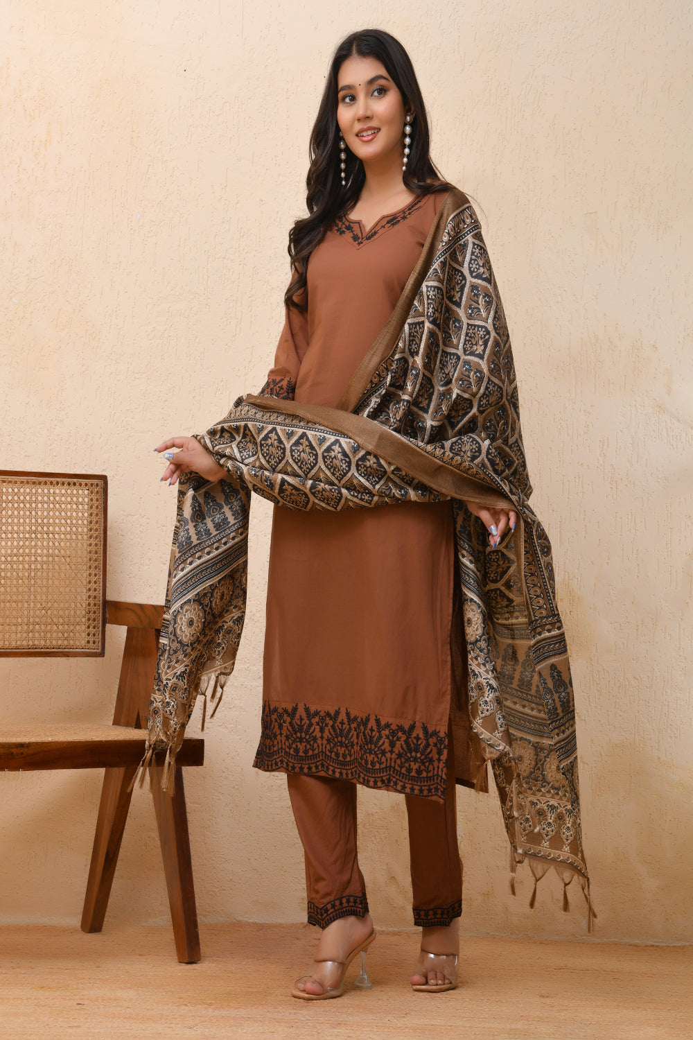 Vaasva Women Brown Embroidered Suit Set