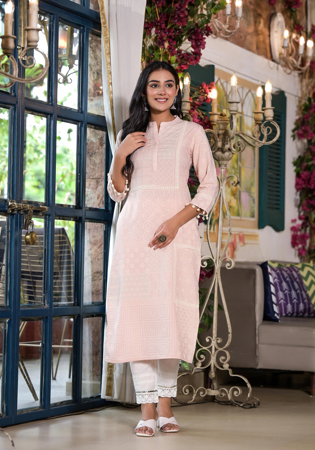 Juniper Women's Peach Ethnic Motif Printed Liva Rayon Kurta With Tassels & Buttons