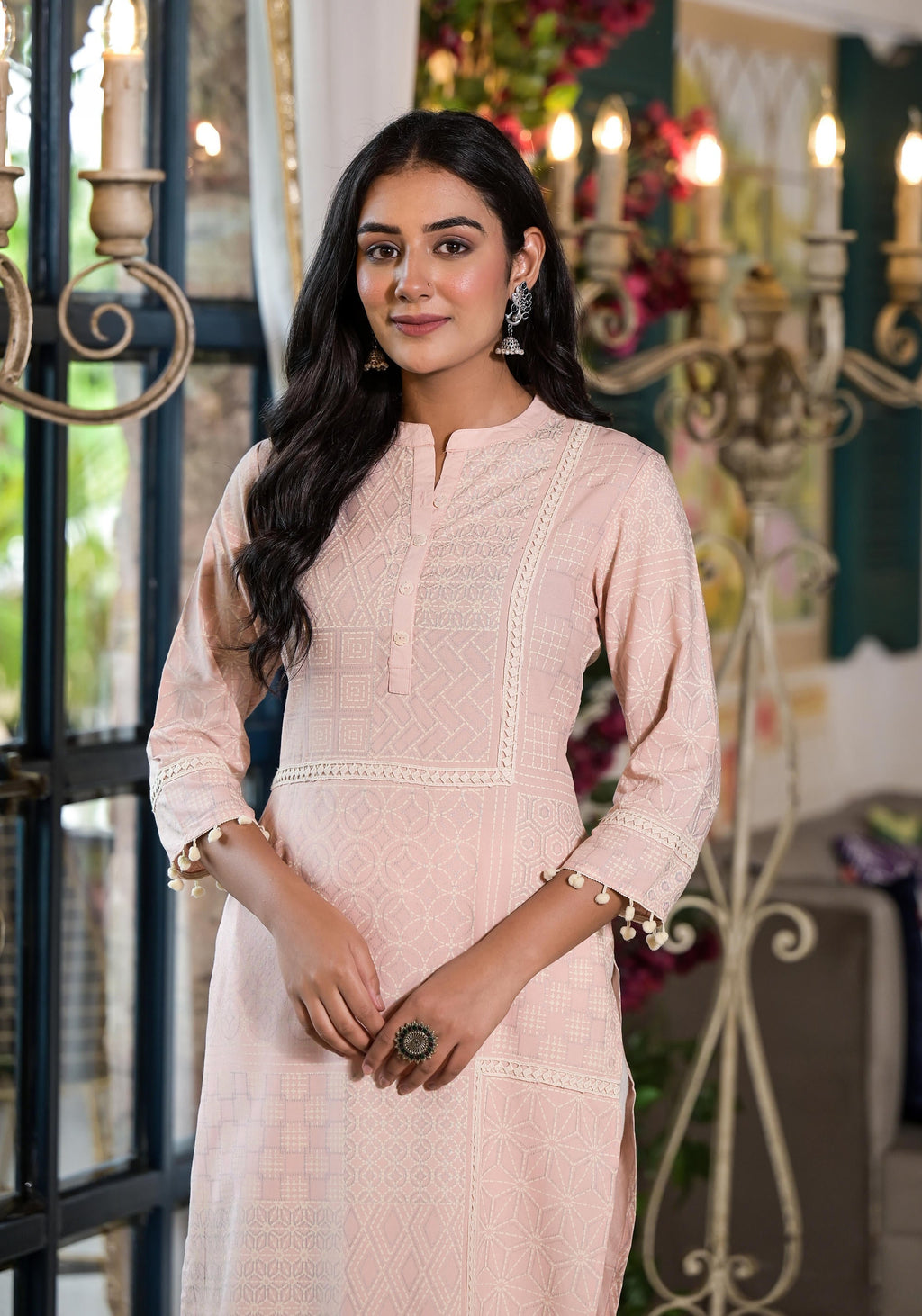 Juniper Women's Peach Ethnic Motif Printed Liva Rayon Kurta With Tassels & Buttons