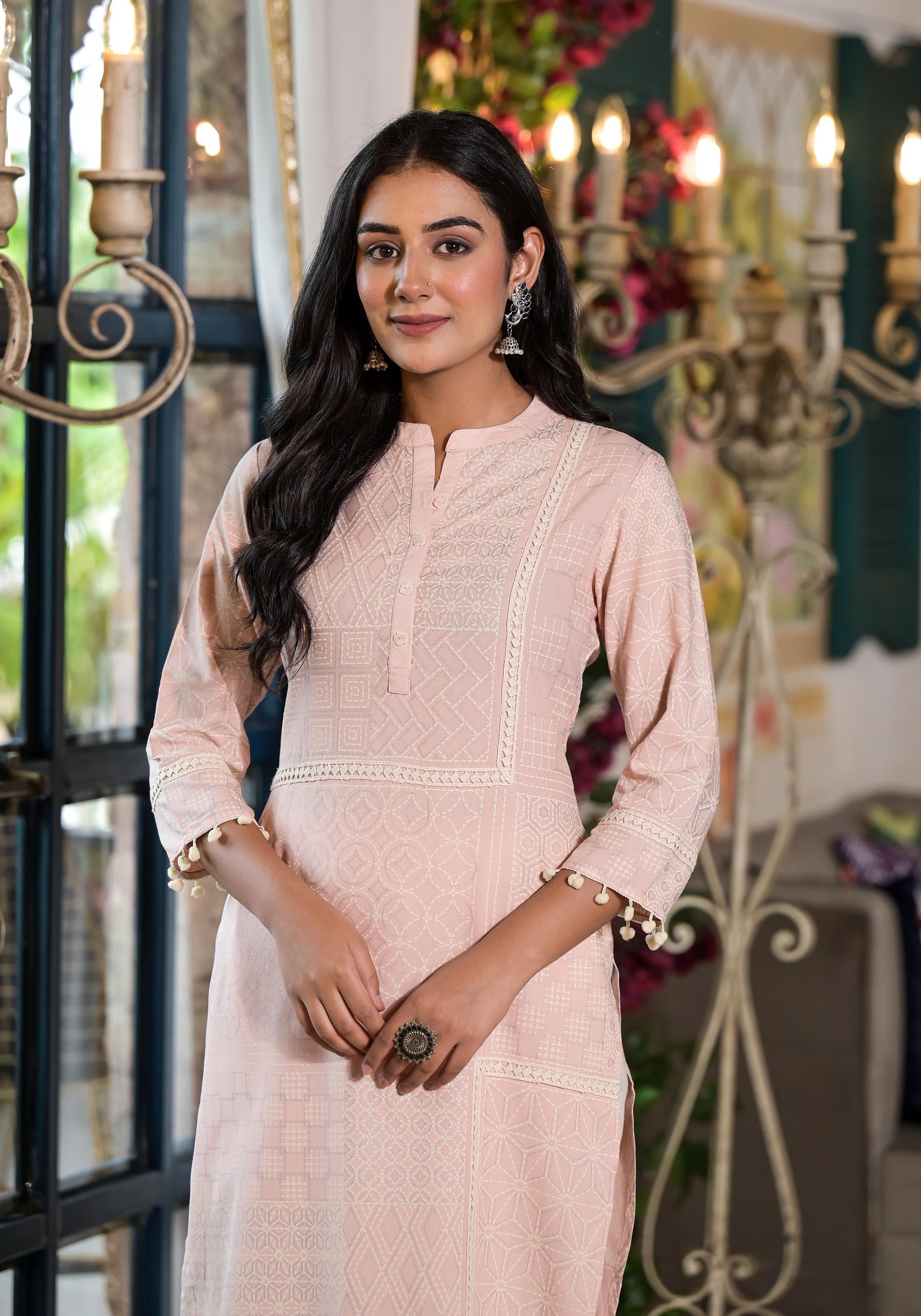 Juniper Women's Peach Ethnic Motif Printed Liva Rayon Kurta With Tassels & Buttons