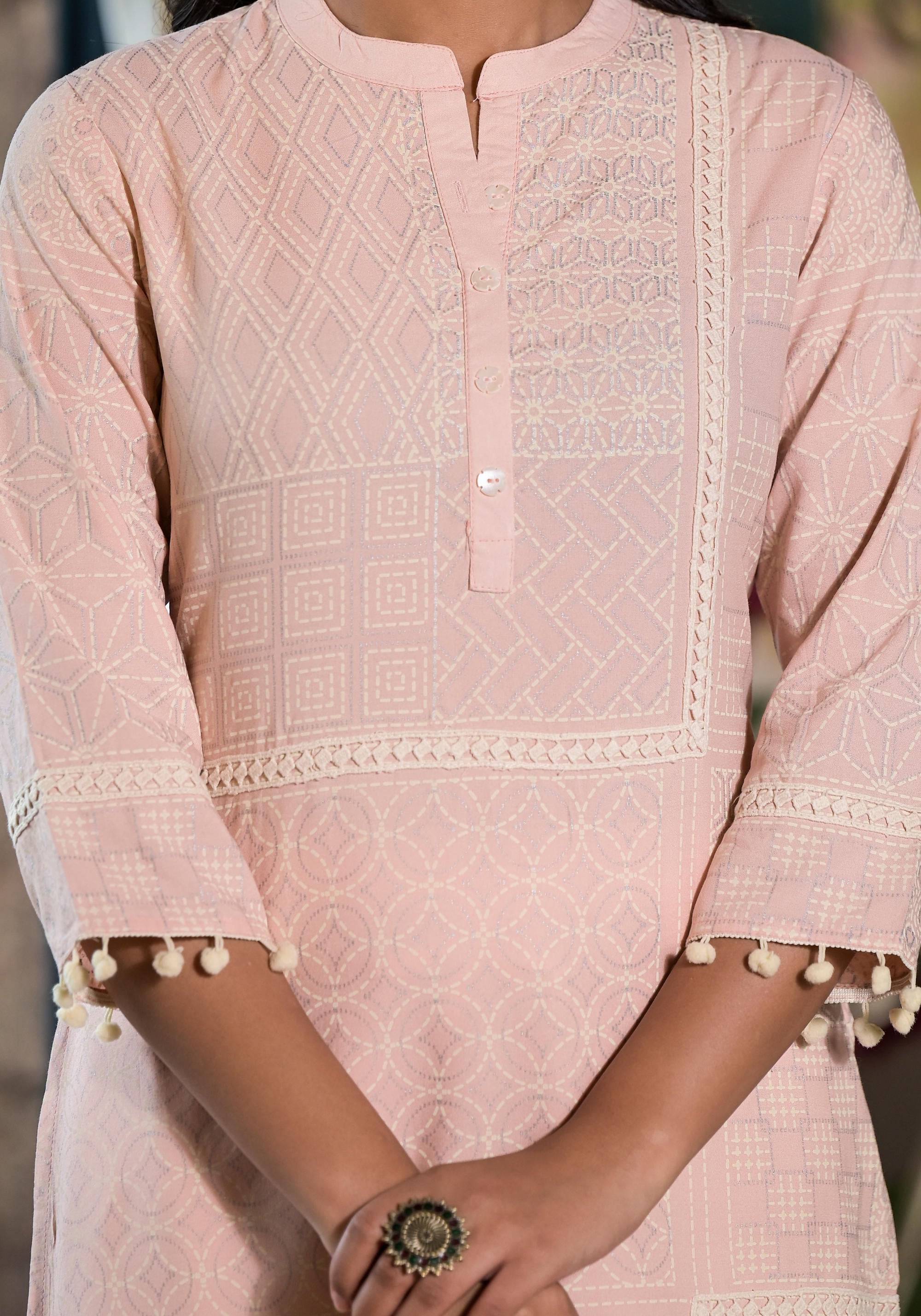 Juniper Women's Peach Ethnic Motif Printed Liva Rayon Kurta With Tassels & Buttons