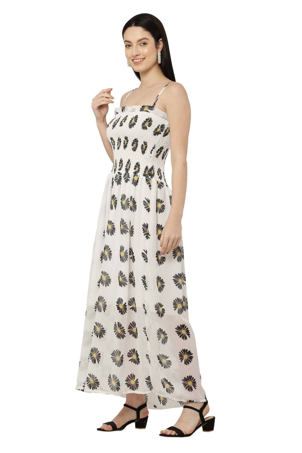 PAVONINE Peach Color Flower Printed Lace Bottom Dress For Women