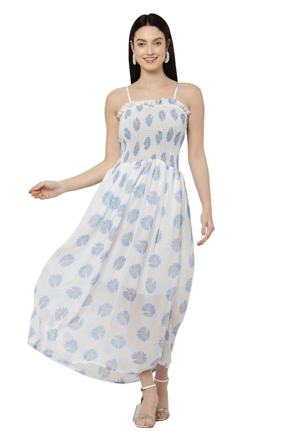 PAVONINE Pink Color Flower Printed Lace Bottom Dress For Women