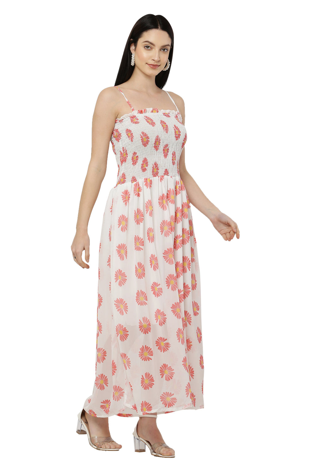 PAVONINE White Color Flower Printed Lace Bottom Dress For Women