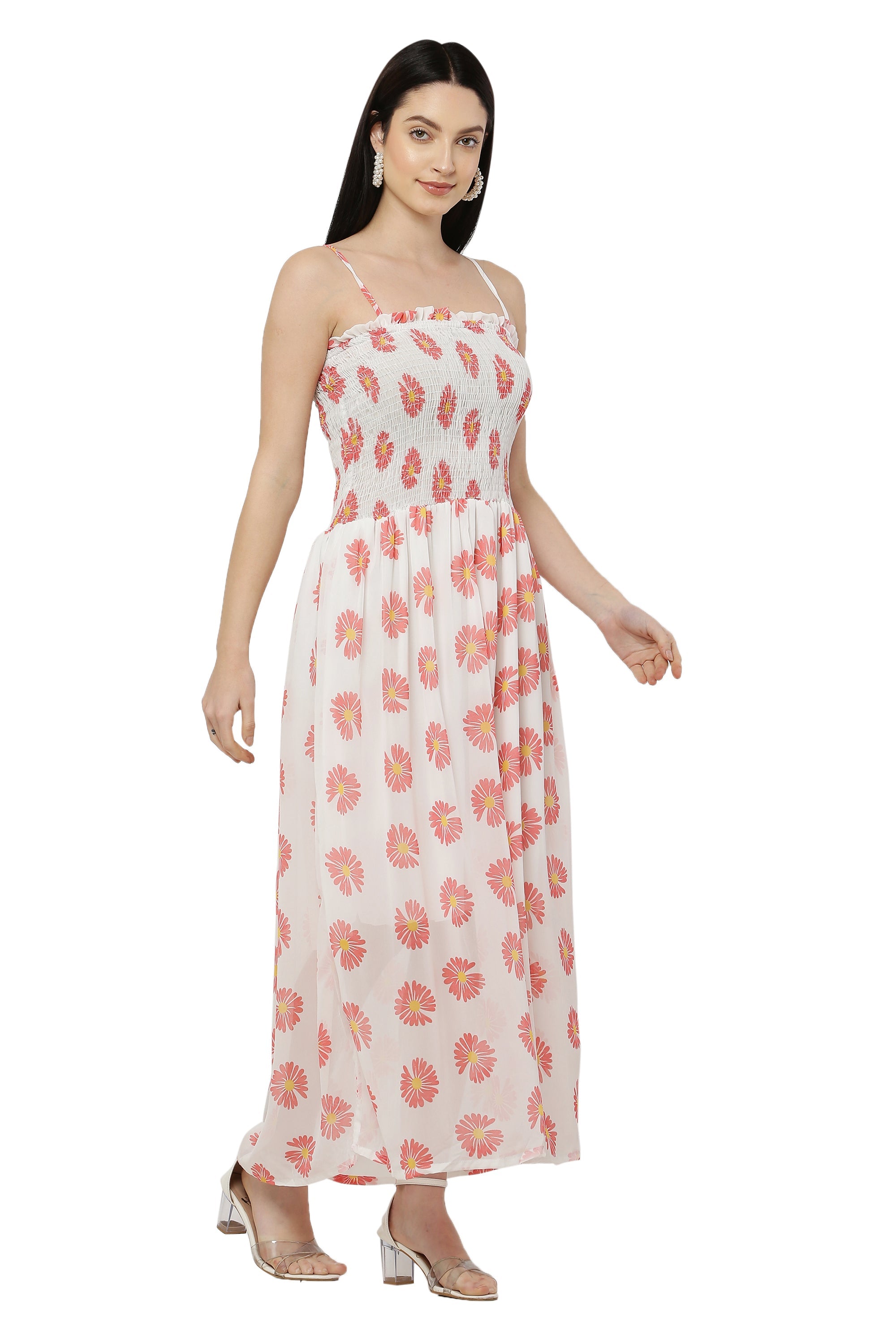 PAVONINE White Color Flower Printed Lace Bottom Dress For Women