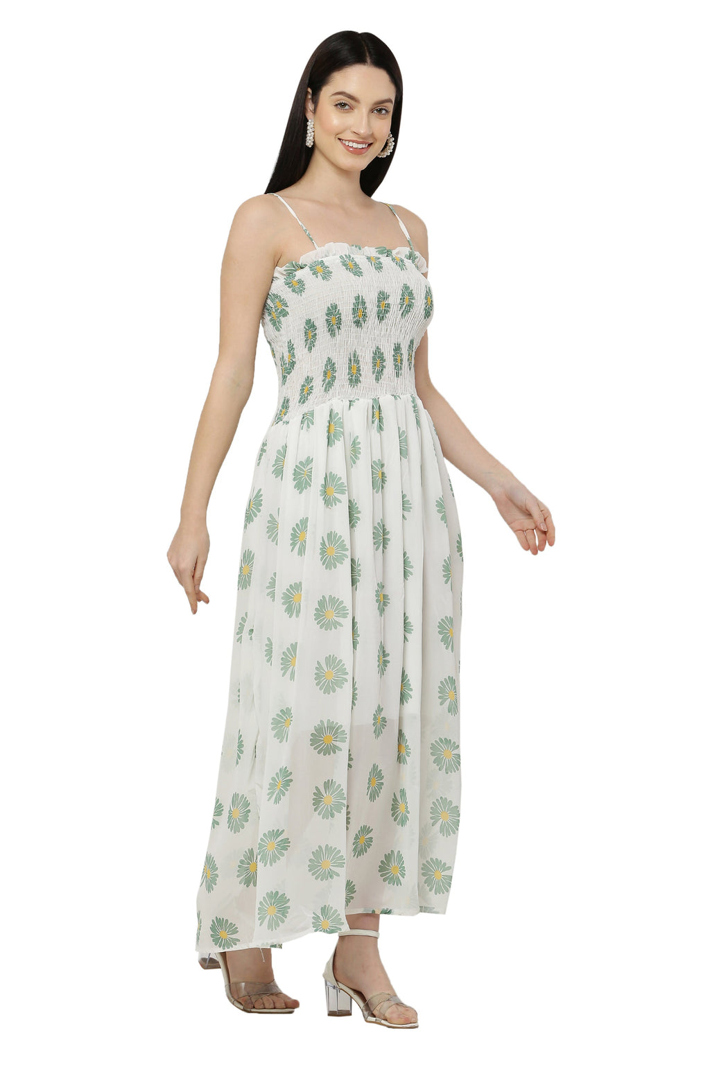 PAVONINE Yellow Color Flower Printed Lace Bottom Dress For Women