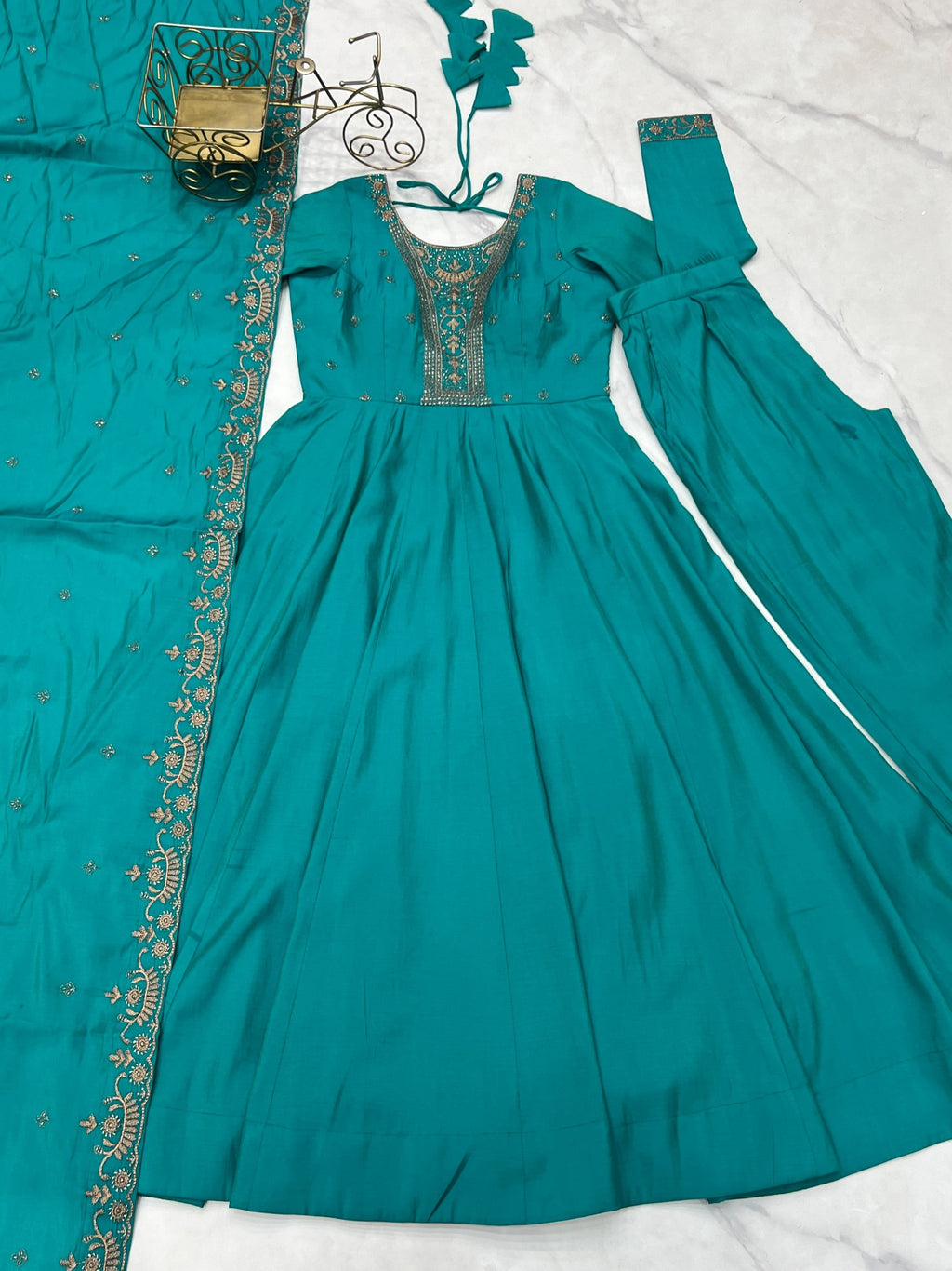 Lorenvalley Fashion Rama Roman Shimmer Silk Yoke Fancy Handwork Beads Work Anarkali Gown Pant With Dupatta Set