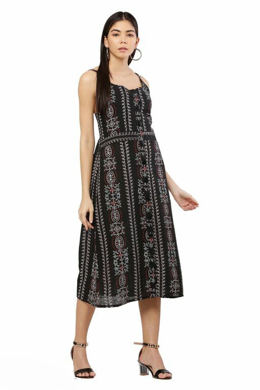 PAVONINE Black Color Printed Shoulder Strap Dress For Women