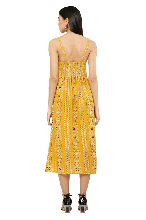 PAVONINE Mustard Color Printed Shoulder Strap Dress For Women