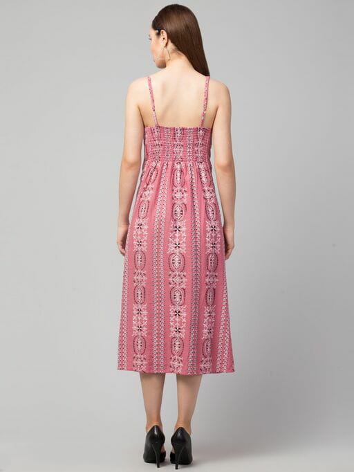 PAVONINE Peach Color Printed Shoulder Strap Dress For Women