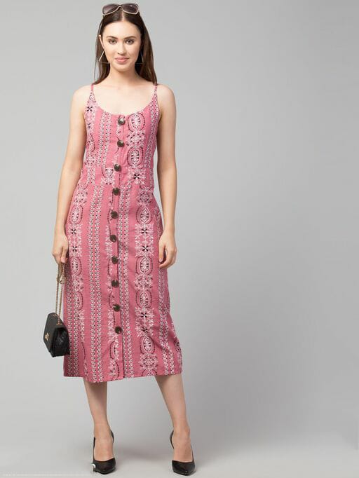 PAVONINE Peach Color Printed Shoulder Strap Dress For Women