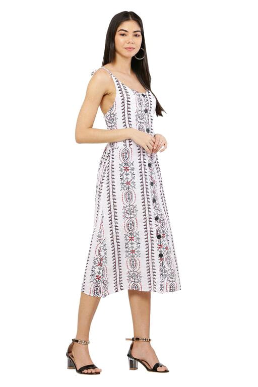 PAVONINE White Color Printed Shoulder Strap Dress For Women