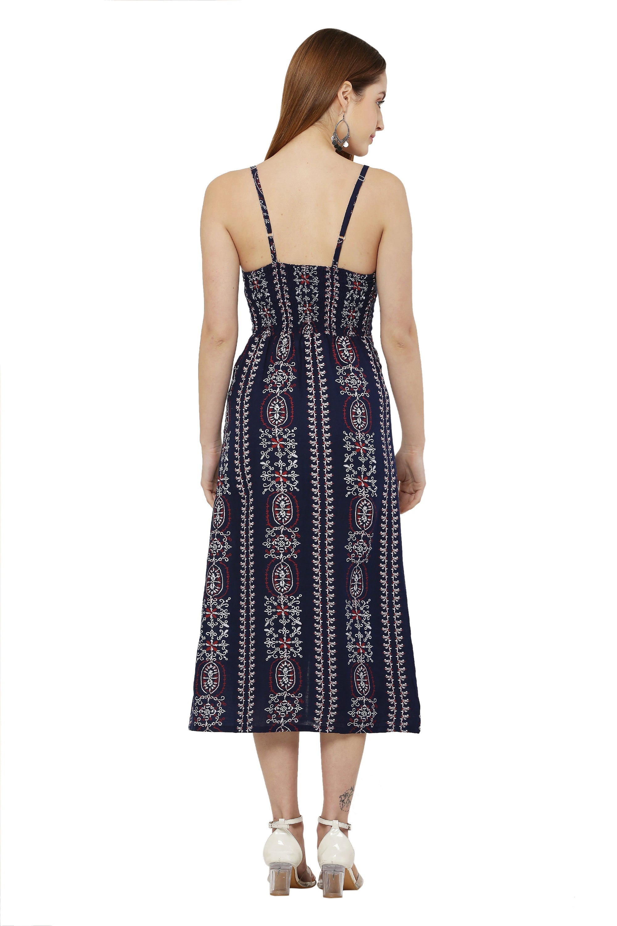 PAVONINE Navy Blue Color Printed Shoulder Strap Dress For Women