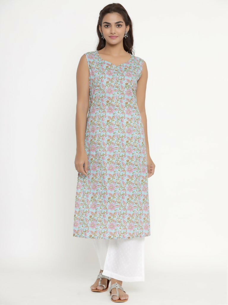 Miravan Women's Pure Cotton Floral Printed Sleeveless Straight Kurta