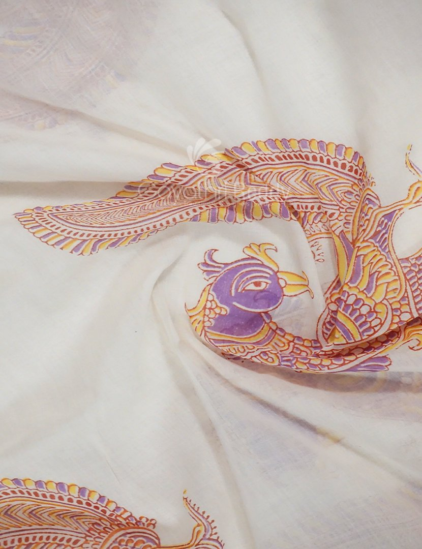 Cream Colour Block Print Crocia Mulmul Cotton Saree By Gayathri Reddy Designer Studio