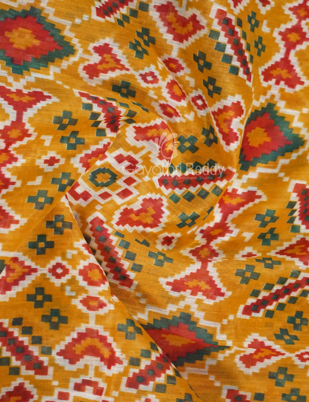 Shades of Mango Yellow Colour Patola Print Semi Chanderi Saree By Gayathri Reddy Designer Studio