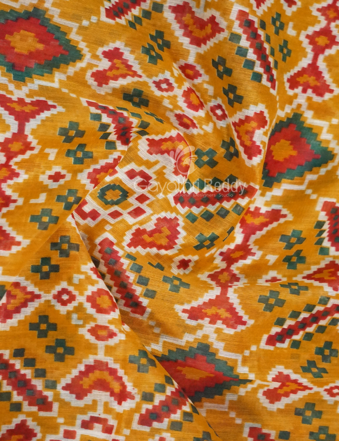 Shades of Mango Yellow Colour Patola Print Semi Chanderi Saree By Gayathri Reddy Designer Studio