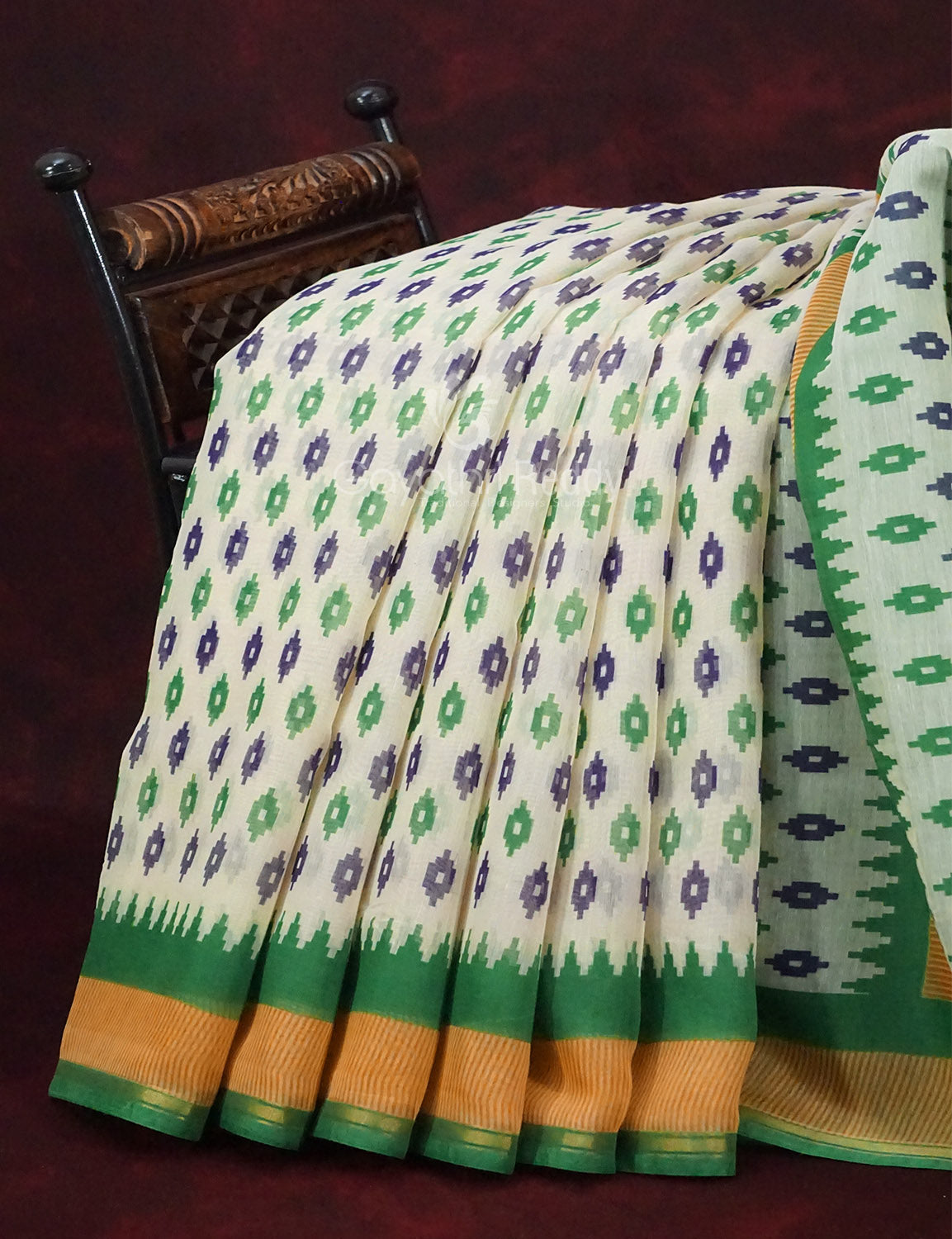 Combo of Off White and Mango Green Patan Patola Semi Chanderi Saree By Gayathri Reddy Designer Studio