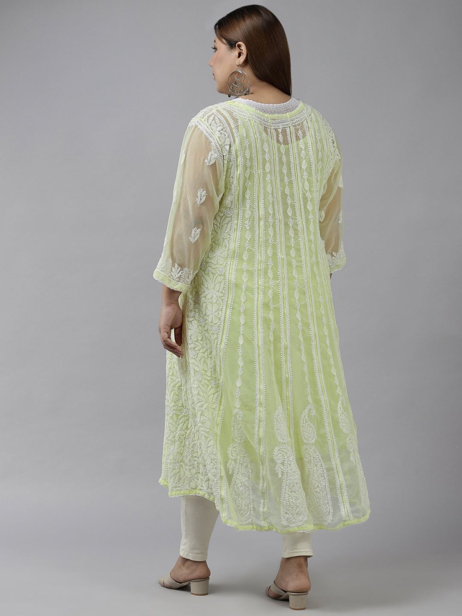 ADA Women Lime Green & White Ethnic Motifs Plus Size Chikankari Georgette Anarkali Kurta