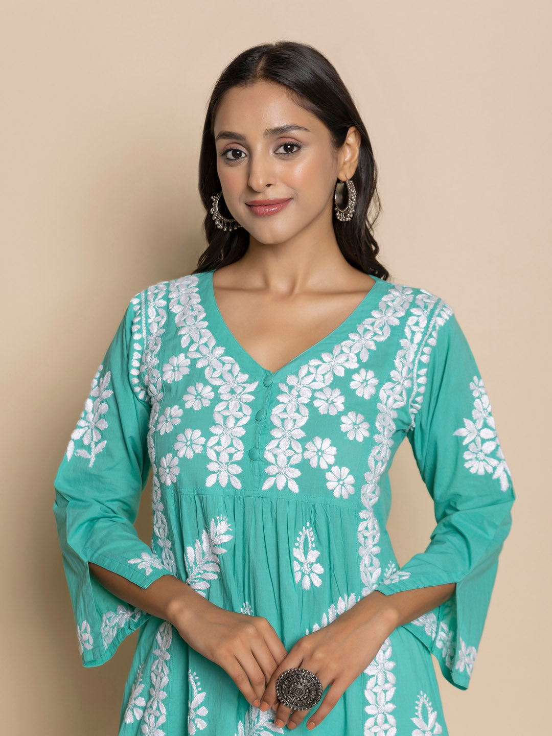 HOUSE OF KARI Floral Embroidered Chikankari Cotton A-Line Kurta